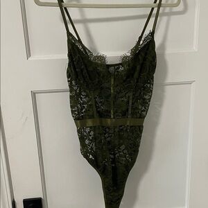 Lace Strappy Bodysuit in Olive Green